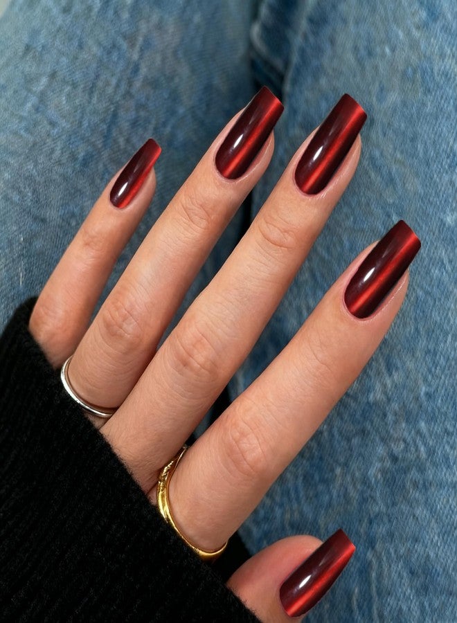 أظافر KXAMELIE اللاصقة بتصميم عين القطة، طويلة ومربعة، مطلية بالكروم، حمراء داكنة، بتصميم تابوت، لامعة، تغطي كامل الوجه، مصنوعة من الأكريليك، مع غراء أظافر، قابلة لإعادة الاستخدام، سهلة الاستخدام، 30 قطعة - Image 1